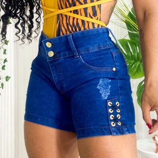 Short Jeans Feminino Cintura Alta - Modelo Detonado 2 Com Lycra